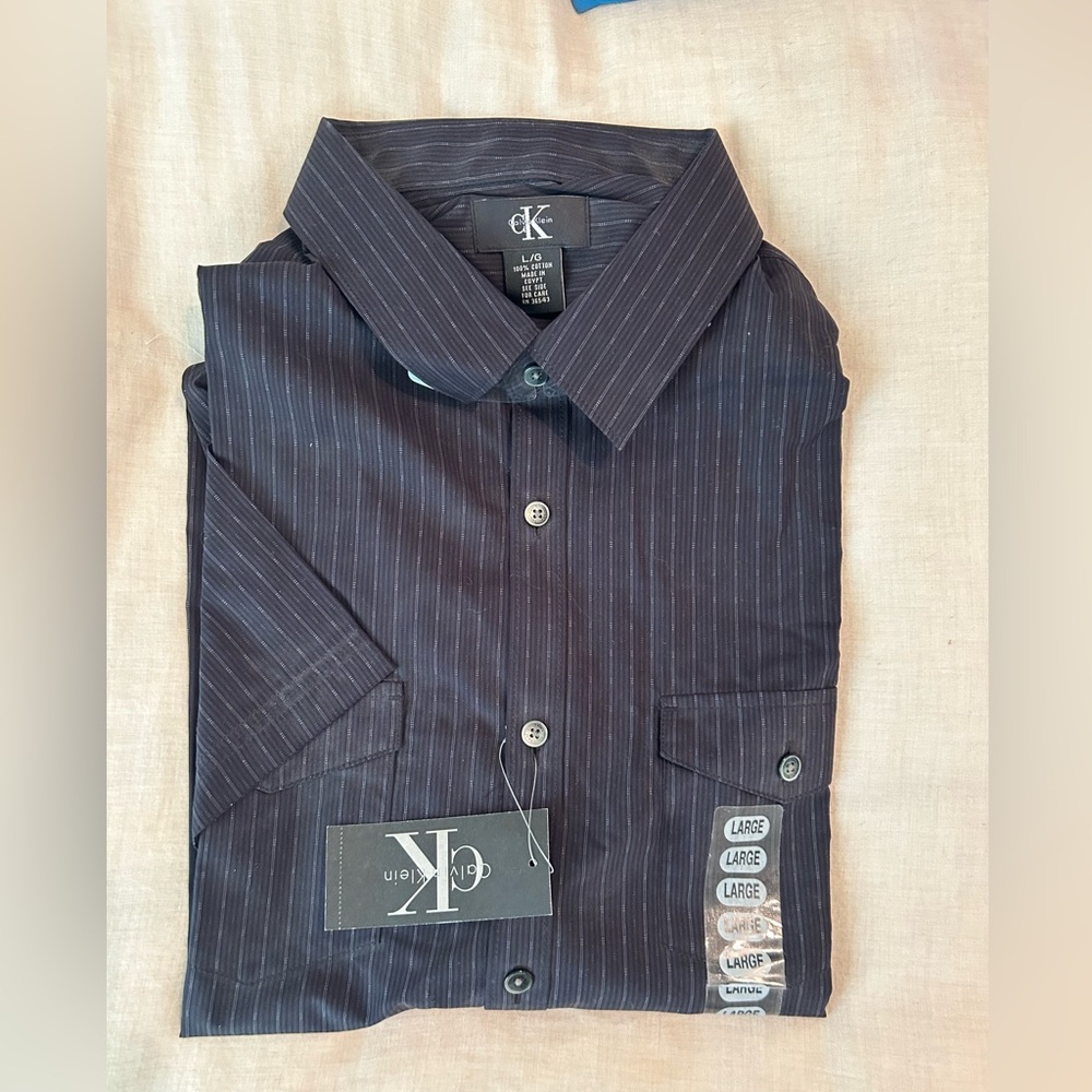 Calvin Klein Men’s Button Up Shirt NWT Size L Black Striped